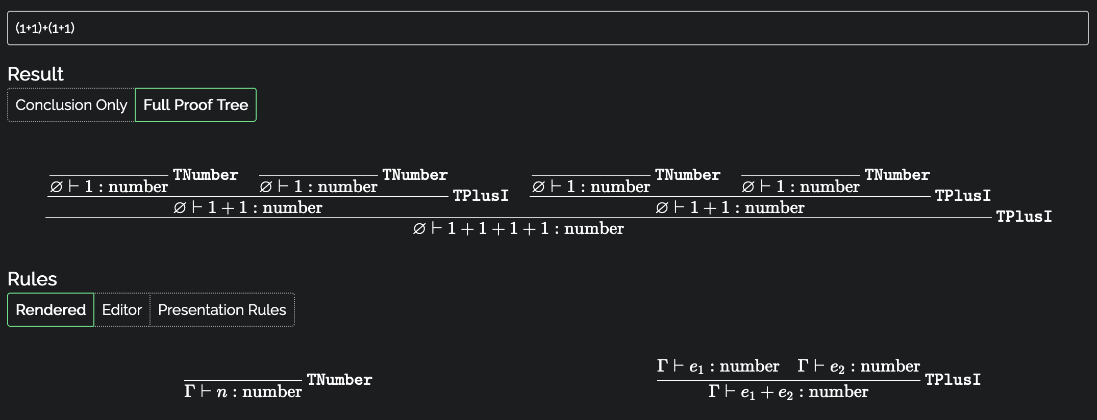 Verifying the (1+1)+(1+1) expression using the good rule